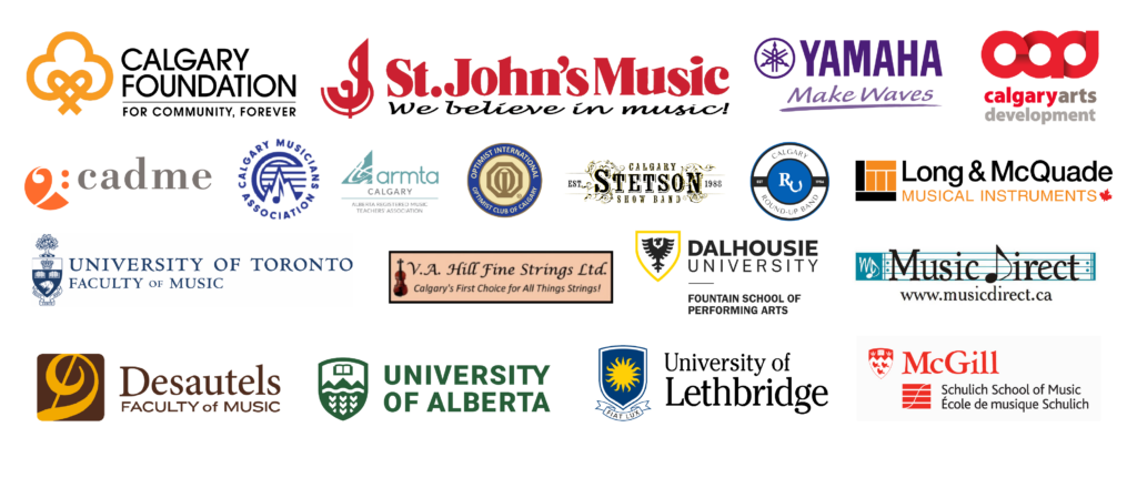 Calgary preforming arts sponsor logos, Calgary Foundation, St.John's Music, Yamaha, Calgary arts, Calgary Musicians association, cadme, Long & McQuade, Canadian College of Preforming Arts and Optimist International.