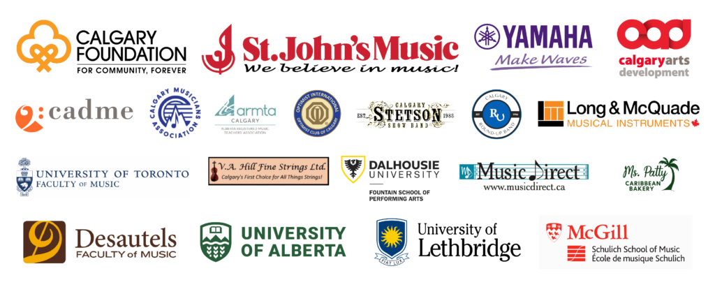 Calgary preforming arts sponsor logos, Calgary Foundation, St.John's Music, Yamaha, Calgary arts, Calgary Musicians association, cadme, Long & McQuade, Canadian College of Preforming Arts and Optimist International.