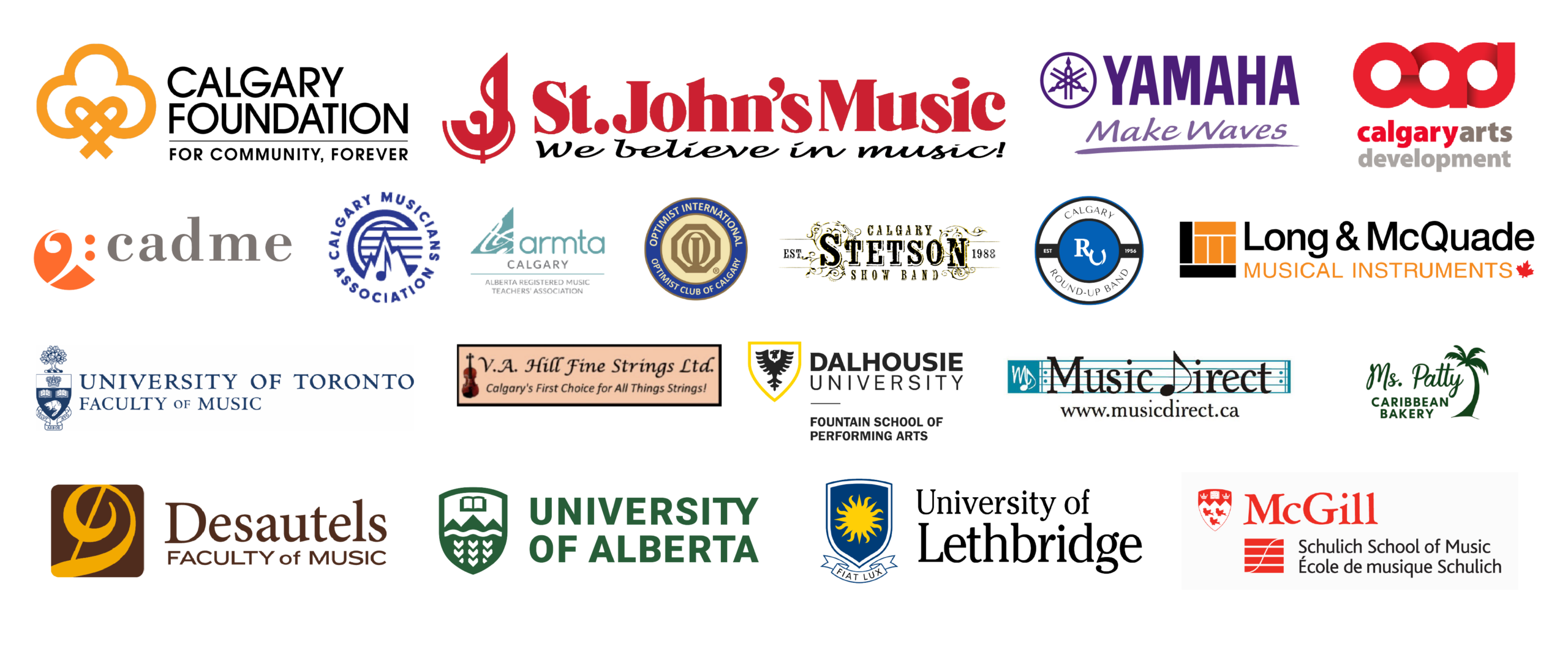 April 14,2026 Sponsors Calgary preforming arts sponsor logos, Calgary Foundation, St.John's Music, Yamaha, Calgary arts, Calgary Musicians association, cadme, Long & McQuade, Canadian College of Preforming Arts and Optimist International.